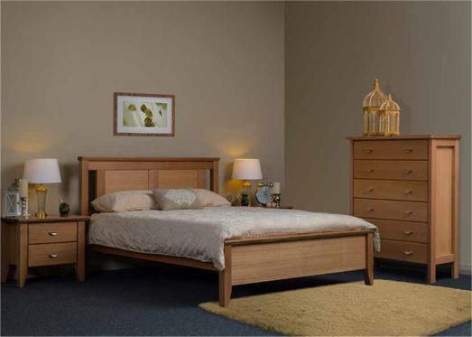 The Galligan Foxwood timber bedroom suite with two bedside tables, a timber bedframe and a tallboy dresser