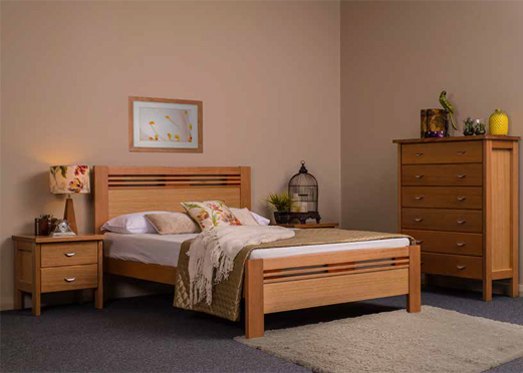 The Galligan Gap timber bedroom suite with two bedside tables, a timber bedframe and a tallboy dresser