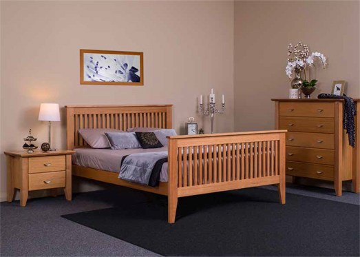 The Galligan Shaker timber bedroom suite with two bedside tables, a timber bedframe and a tallboy dresser