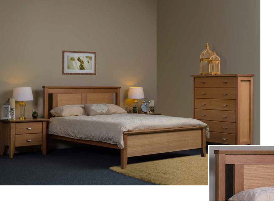 The Galligan Foxwood timber bedroom suite with two bedside tables, a timber bedframe and a tallboy dresser