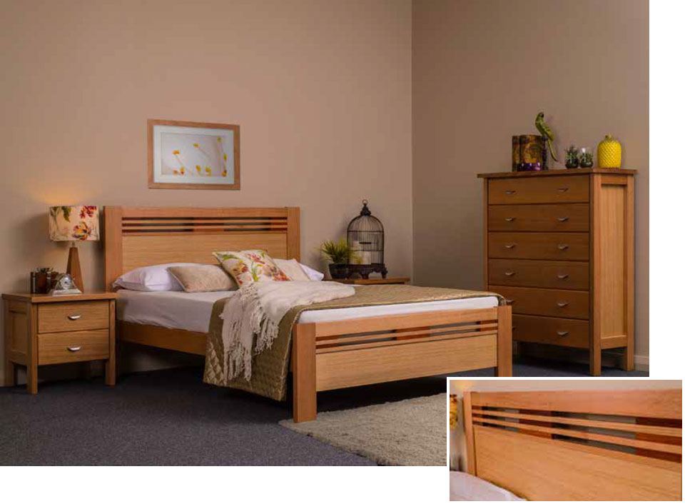 The Galligan Gap timber bedroom suite with two bedside tables, a timber bedframe and a tallboy dresser