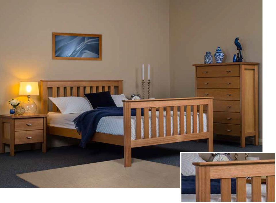 The Galligan Mitchell timber bedroom suite with two bedside tables, a timber bedframe and a tallboy dresser