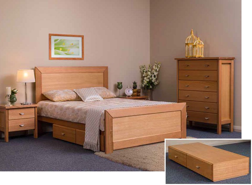 The Galligan Murray timber bedroom suite with two bedside tables, a timber bedframe and a tallboy dresser with zoom in of under bed drawer