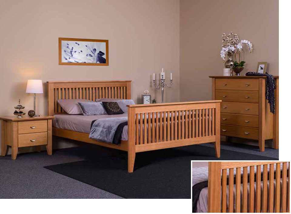 The Galligan Shaker timber bedroom suite with two bedside tables, a timber bedframe and a tallboy dresser