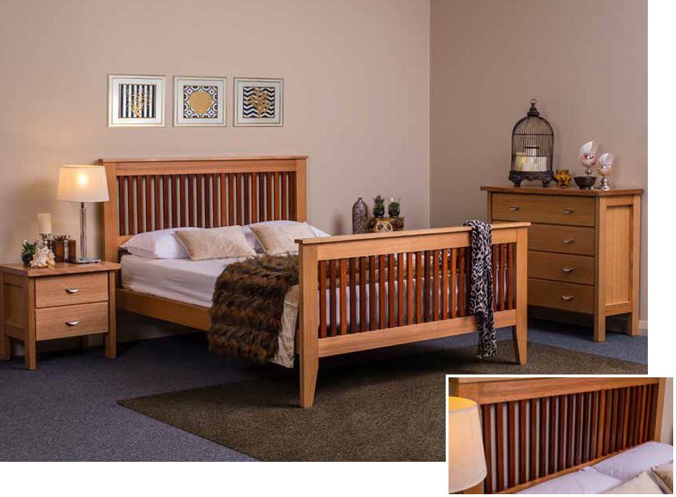The Galligan Shaker with Jarrah timber bedroom suite with two bedside tables, a timber bedframe and a tallboy dresser